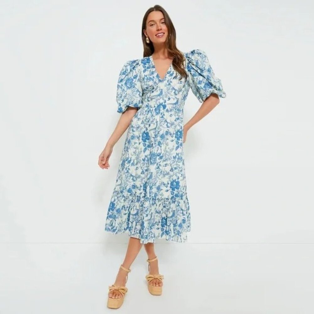 Tuckernuck Blue and White Floral Puff-Sleeve Midi Dress with V-Neck